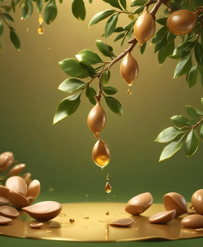 3d Model Argan Leaves With Brown Leaves And A Drop Of Oil Falling Golden Light Green Background Product Advertisement Luxury Shiny Figure Octane Render Volumetric Highly Detailed Videogame Aesthetic 31 85e4