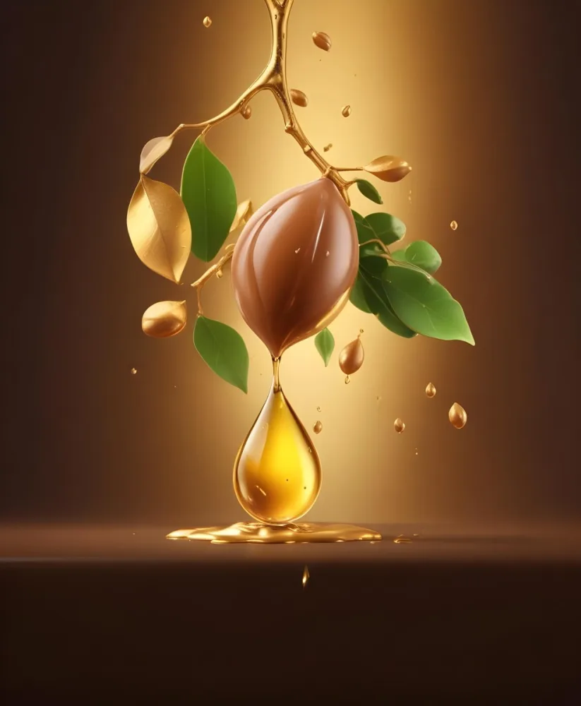 3d Model Argan Leaves With Brown Leaves And A Drop Of Oil Falling Golden Light Green Background Product Advertisement Luxury Shiny Figure Octane Render Volumetric Highly Detailed Videogame Aesthetic 34 9e55