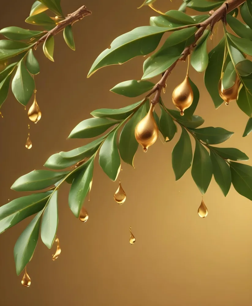 3d Model Argan Leaves With Brown Leaves And A Drop Of Oil Falling Golden Light Green Background Product Advertisement Luxury Shiny Figure Octane Render Volumetric Highly Detailed Videogame Aesthetic 35 9a02