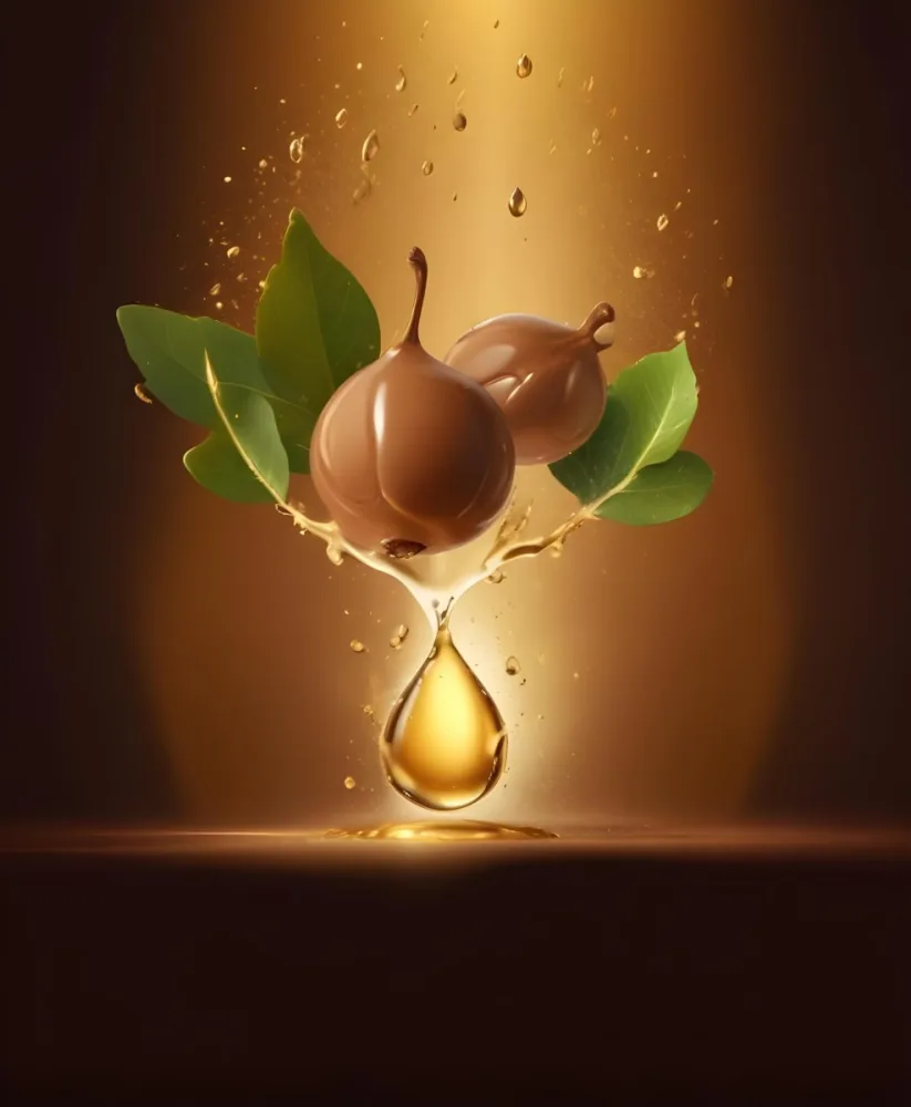 3d Model Argan Leaves With Brown Leaves And A Drop Of Oil Falling Golden Light Green Background Product Advertisement Luxury Shiny Figure Octane Render Volumetric Highly Detailed Videogame Aesthetic 4 F30e