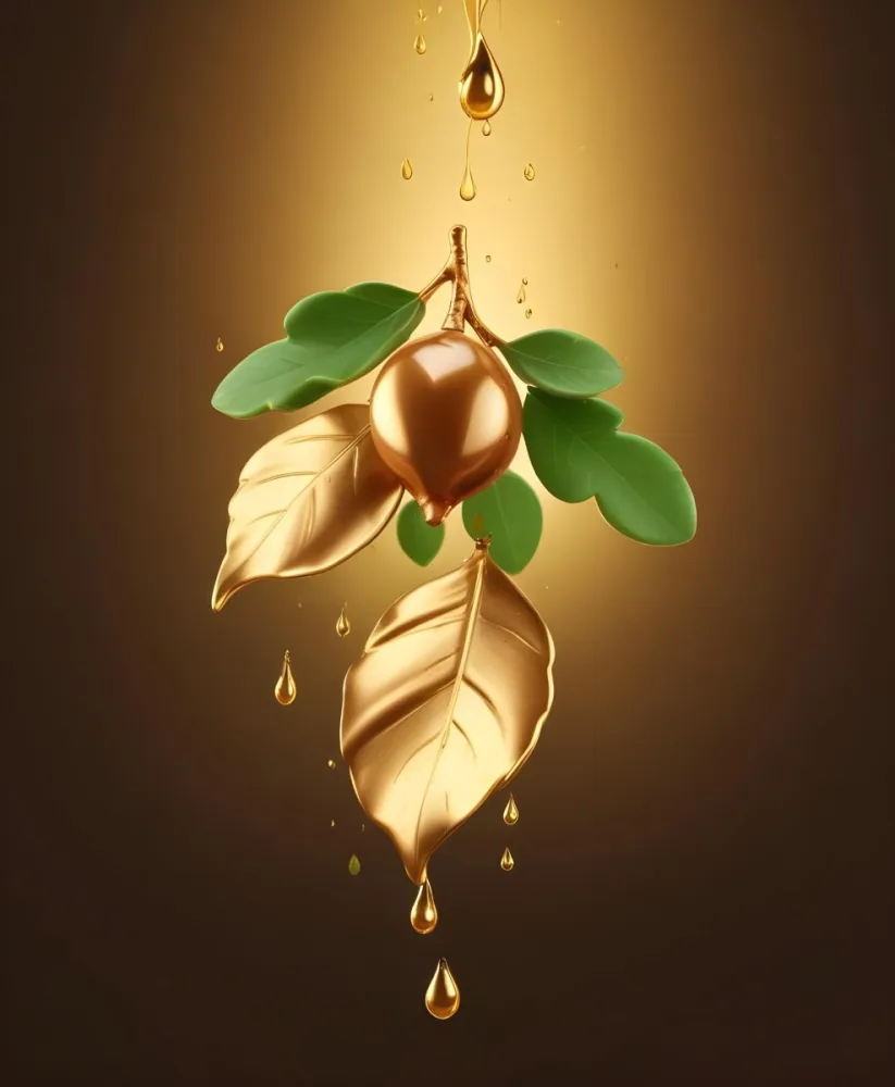 3d Model Argan Leaves With Brown Leaves And A Drop Of Oil Falling Golden Light Green Background Product Advertisement Luxury Shiny Figure Octane Render Volumetric Highly Detailed Videogame Aesthetic 41 3a5b