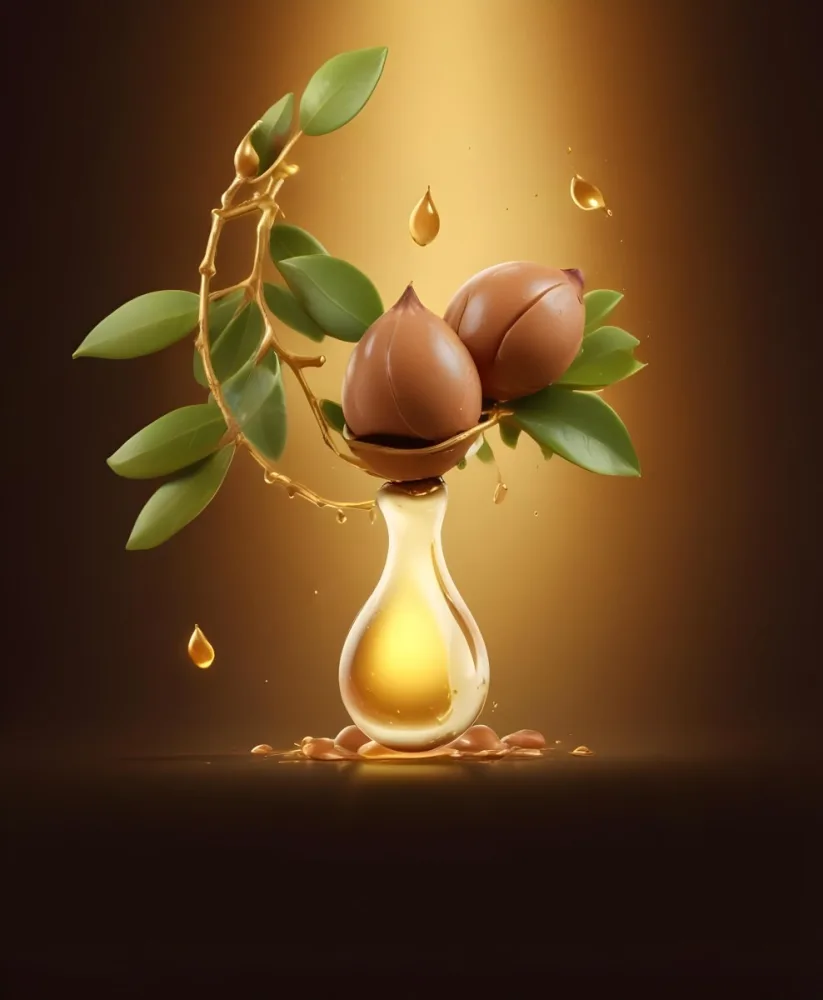 3d Model Argan Leaves With Brown Leaves And A Drop Of Oil Falling Golden Light Green Background Product Advertisement Luxury Shiny Figure Octane Render Volumetric Highly Detailed Videogame Aesthetic 5 C0f8
