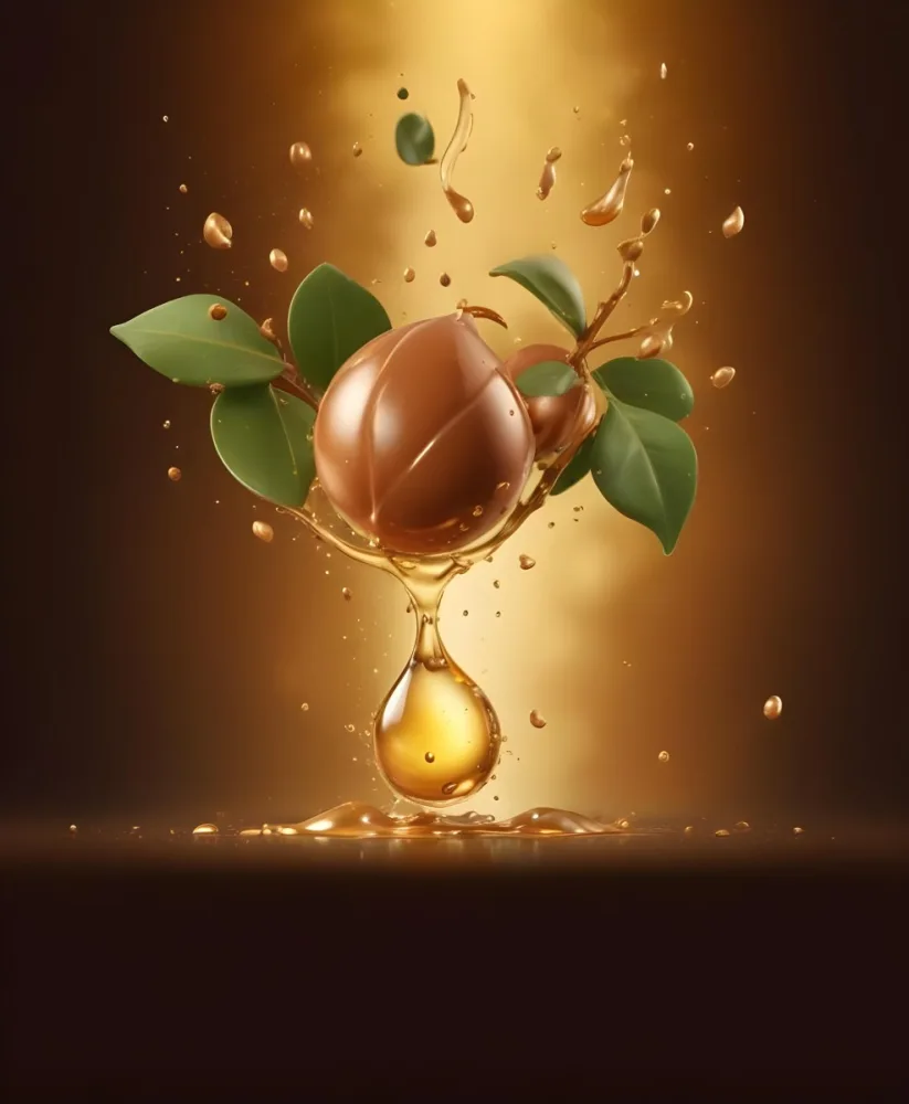 3d Model Argan Leaves With Brown Leaves And A Drop Of Oil Falling Golden Light Green Background Product Advertisement Luxury Shiny Figure Octane Render Volumetric Highly Detailed Videogame Aesthetic 6 7b25