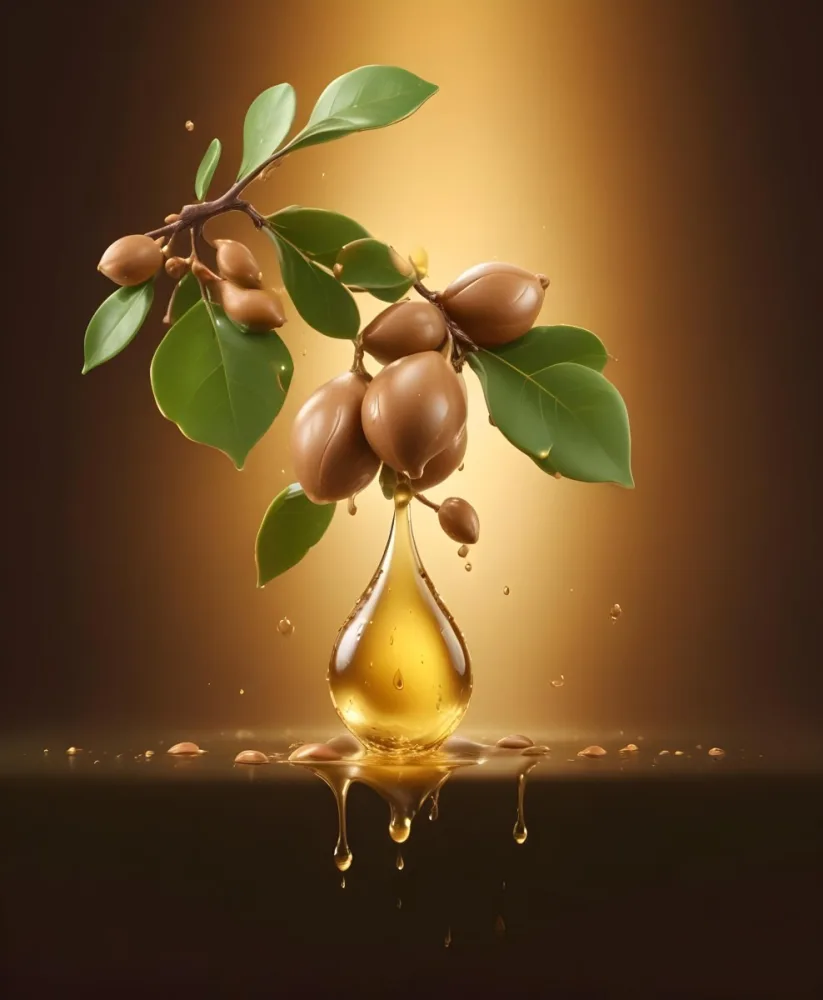 3d Model Argan Leaves With Brown Leaves And A Drop Of Oil Falling Golden Light Green Background Product Advertisement Luxury Shiny Figure Octane Render Volumetric Highly Detailed Videogame Aesthetic 8 Fa29