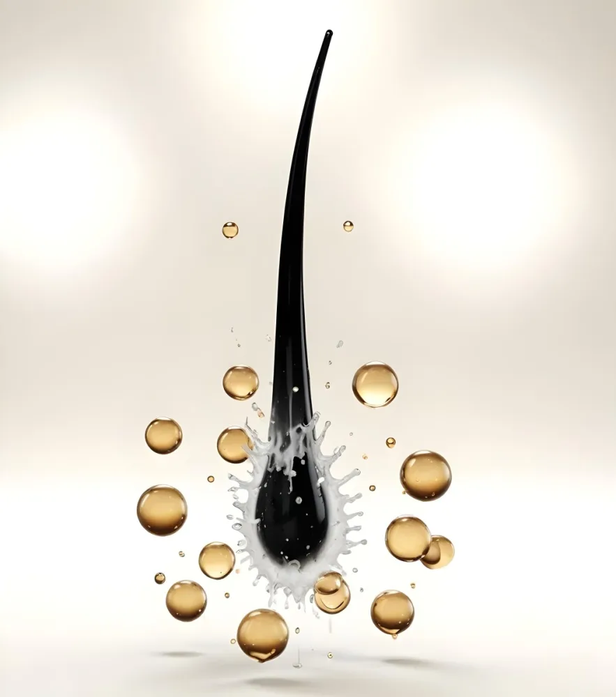 3d Model Black Hair Strand With Oil Drops Around It The Background Is A Gradient Of White And Beige Figure Octane Render Volumetric Highly Detailed Videogame Aesthetic 18 09e0