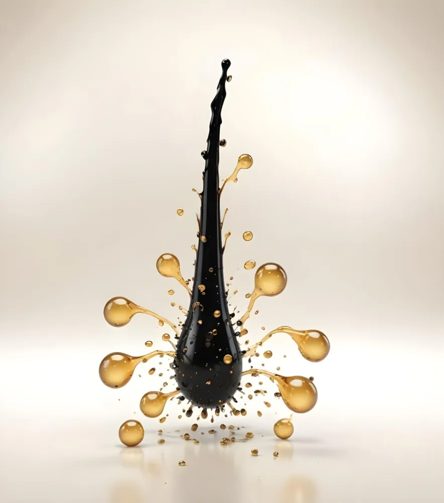 3d Model Black Hair Strand With Oil Drops Around It The Background Is A Gradient Of White And Beige Figure Octane Render Volumetric Highly Detailed Videogame Aesthetic 33 A1d3