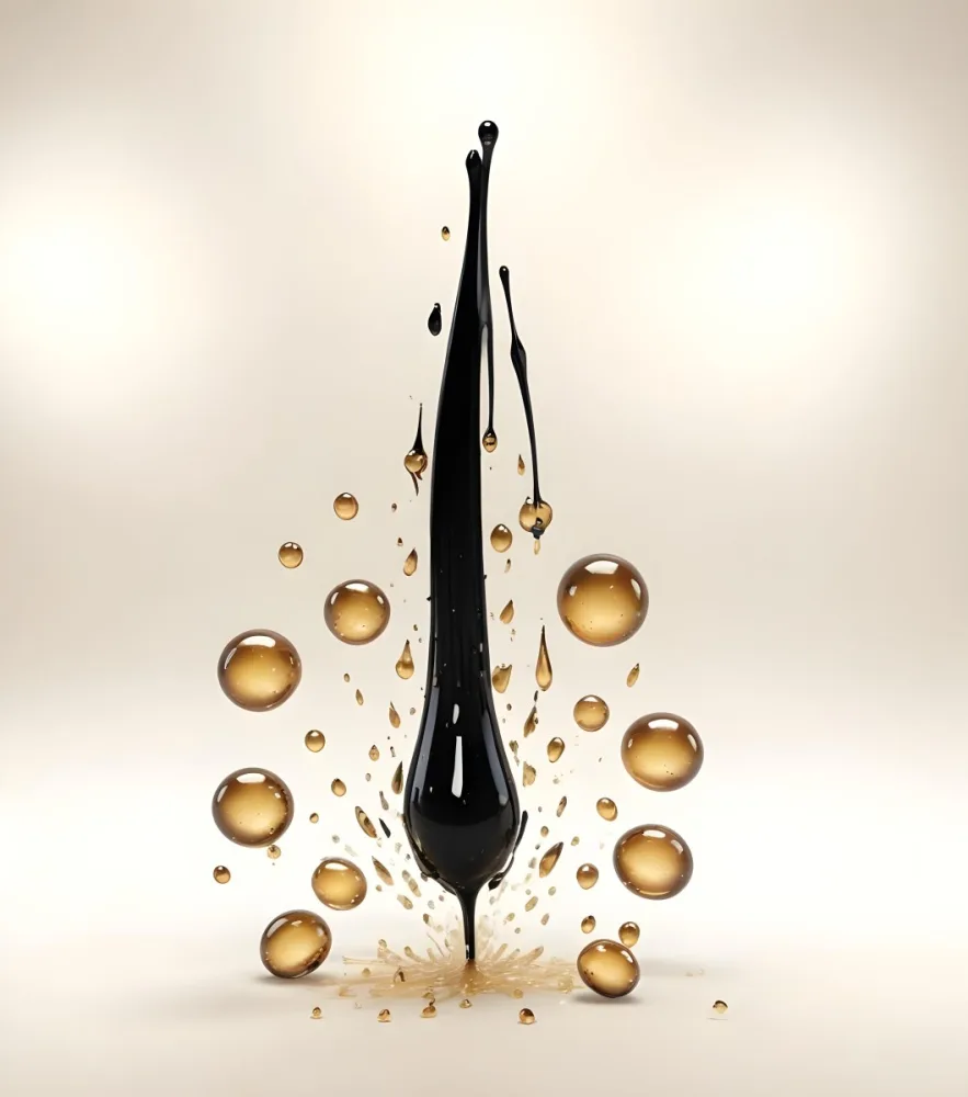 3d Model Black Hair Strand With Oil Drops Around It The Background Is A Gradient Of White And Beige Figure Octane Render Volumetric Highly Detailed Videogame Aesthetic 6 6003