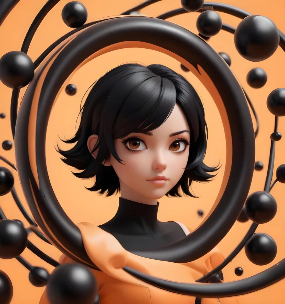 3d Model Black Hair With A Black Spiral Around It Small Black Spheres Light Orange Background Figure Octane Render Volumetric Highly Detailed Videogame Aesthetic 1 C2b6