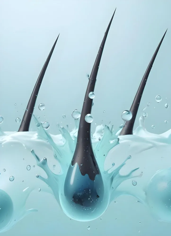 3d Model Blue Hairs With Water Drops And Black Arrows Over A Black Skin With Cells In A Light Blue Background Figure Octane Render Volumetric Highly Detailed Videogame Aesthetic 18 D5e4