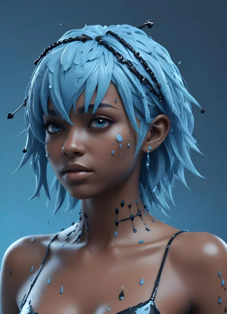 3d Model Blue Hairs With Water Drops And Black Arrows Over A Black Skin With Cells In A Light Blue Background Figure Octane Render Volumetric Highly Detailed Videogame Aesthetic 35 E077