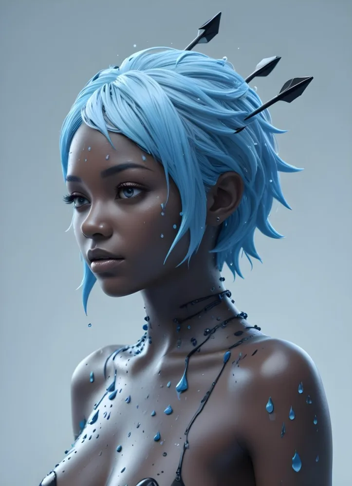3d Model Blue Hairs With Water Drops And Black Arrows Over A Black Skin With Cells In A Light Blue Background Figure Octane Render Volumetric Highly Detailed Videogame Aesthetic 37 4570
