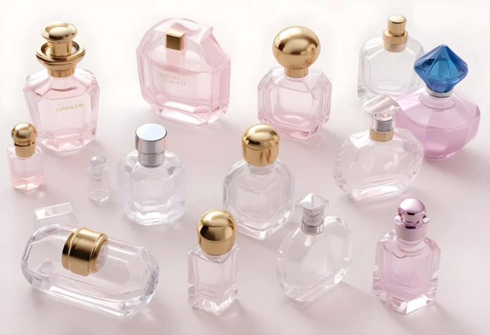 3d Model Collection Of Perfume Bottles Of Different Shapes And Sizes Made Of Transparent Glass With White Caps On A White Background Figure Octane Render Volumetric Highly Detailed Videogame Aesthetic 1 B10b