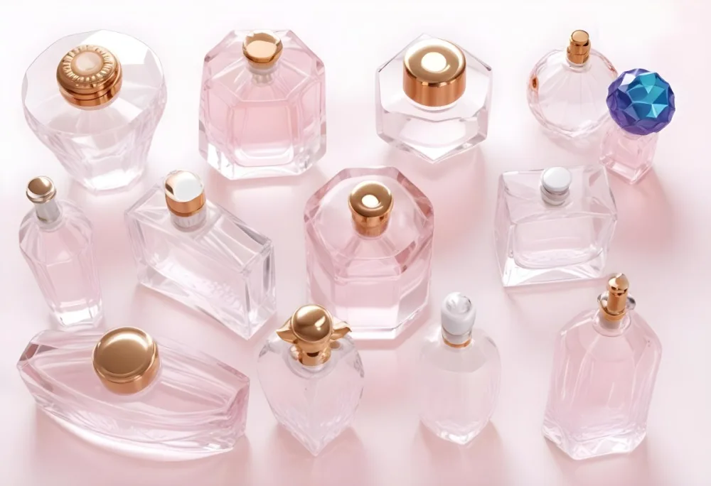 3d Model Collection Of Perfume Bottles Of Different Shapes And Sizes Made Of Transparent Glass With White Caps On A White Background Figure Octane Render Volumetric Highly Detailed Videogame Aesthetic 10 76dc