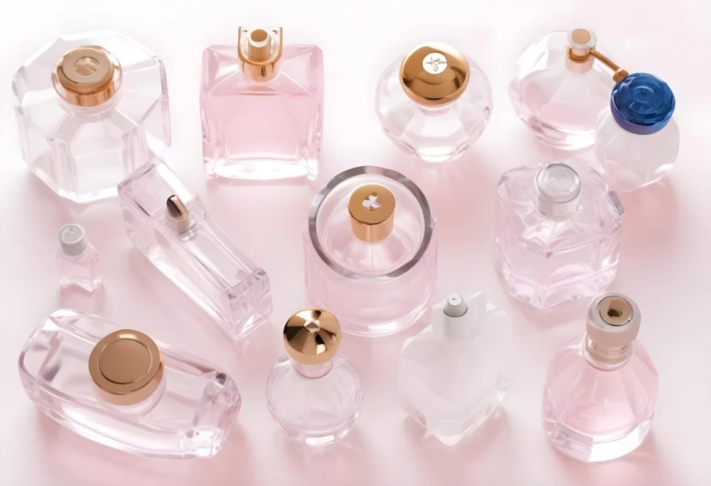 3d Model Collection Of Perfume Bottles Of Different Shapes And Sizes Made Of Transparent Glass With White Caps On A White Background Figure Octane Render Volumetric Highly Detailed Videogame Aesthetic 12 38cf