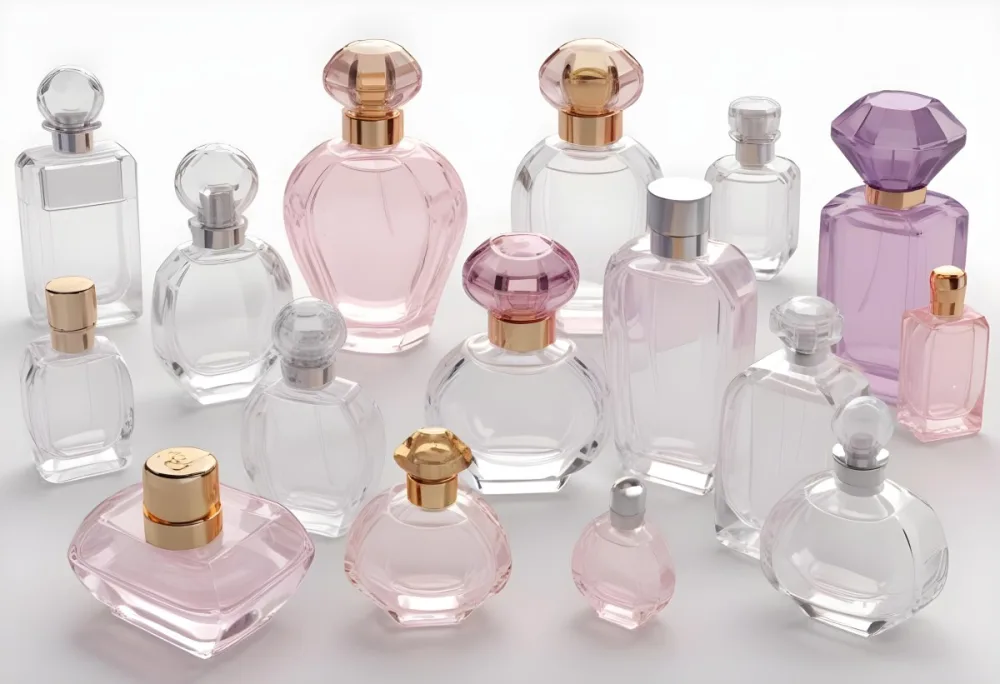3d Model Collection Of Perfume Bottles Of Different Shapes And Sizes Made Of Transparent Glass With White Caps On A White Background Figure Octane Render Volumetric Highly Detailed Videogame Aesthetic 14 B145