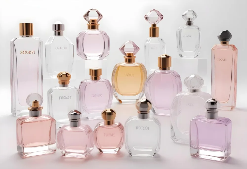 3d Model Collection Of Perfume Bottles Of Different Shapes And Sizes Made Of Transparent Glass With White Caps On A White Background Figure Octane Render Volumetric Highly Detailed Videogame Aesthetic 17 1824