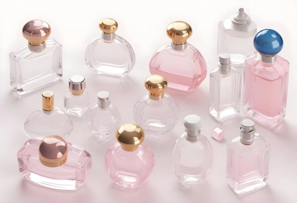 3d Model Collection Of Perfume Bottles Of Different Shapes And Sizes Made Of Transparent Glass With White Caps On A White Background Figure Octane Render Volumetric Highly Detailed Videogame Aesthetic 26 21e8