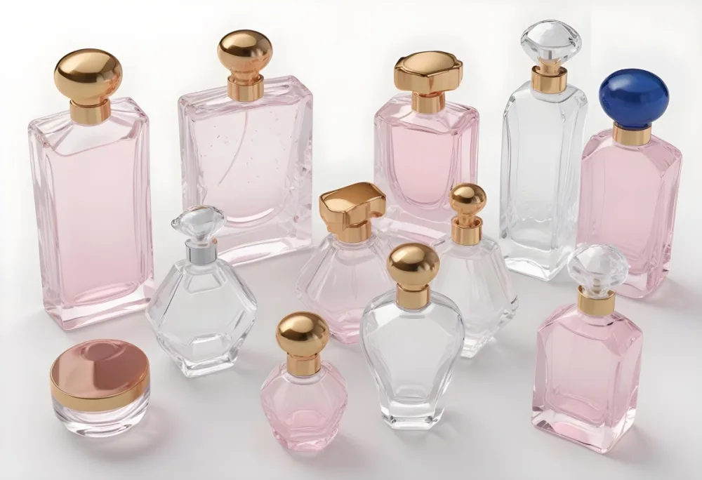 3d Model Collection Of Perfume Bottles Of Different Shapes And Sizes Made Of Transparent Glass With White Caps On A White Background Figure Octane Render Volumetric Highly Detailed Videogame Aesthetic 27 Aa77