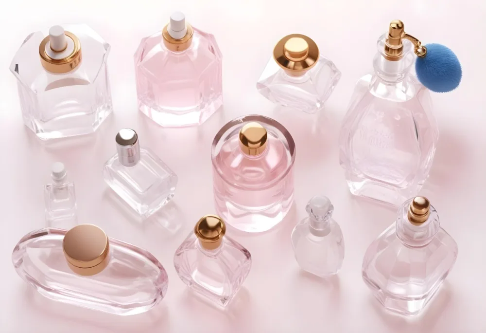 3d Model Collection Of Perfume Bottles Of Different Shapes And Sizes Made Of Transparent Glass With White Caps On A White Background Figure Octane Render Volumetric Highly Detailed Videogame Aesthetic 28 429f