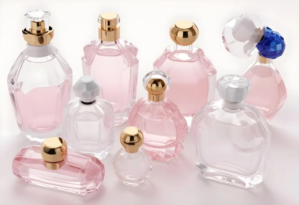 3d Model Collection Of Perfume Bottles Of Different Shapes And Sizes Made Of Transparent Glass With White Caps On A White Background Figure Octane Render Volumetric Highly Detailed Videogame Aesthetic 29 74d5