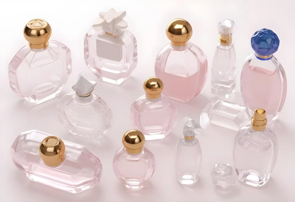 3d Model Collection Of Perfume Bottles Of Different Shapes And Sizes Made Of Transparent Glass With White Caps On A White Background Figure Octane Render Volumetric Highly Detailed Videogame Aesthetic 3 Fe20
