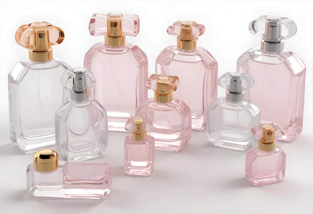 3d Model Collection Of Perfume Bottles Of Different Shapes And Sizes Made Of Transparent Glass With White Caps On A White Background Figure Octane Render Volumetric Highly Detailed Videogame Aesthetic 30 5036