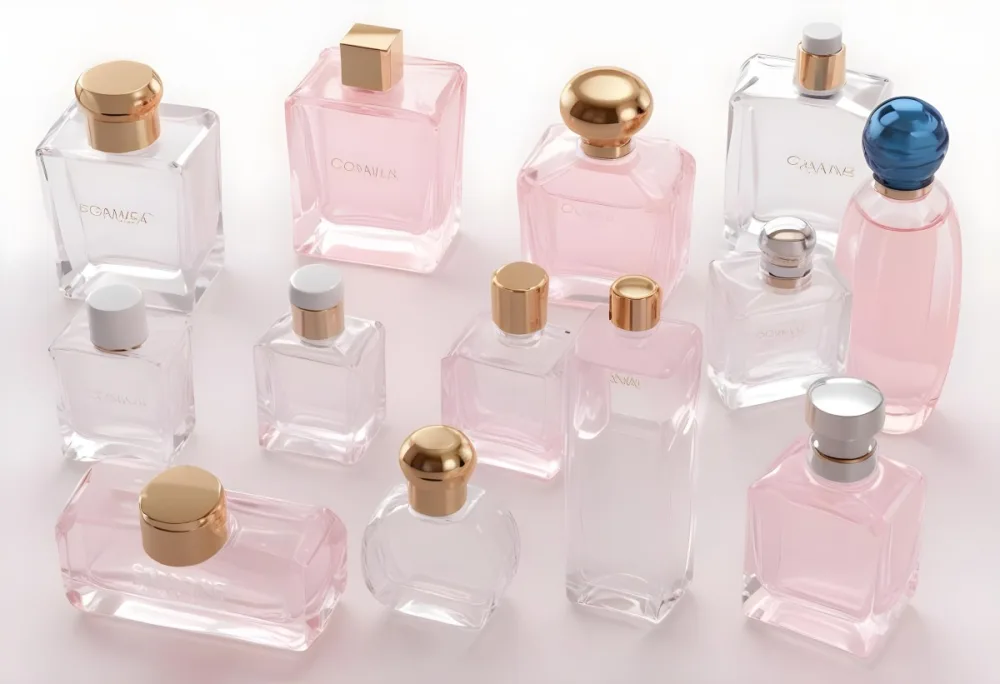 3d Model Collection Of Perfume Bottles Of Different Shapes And Sizes Made Of Transparent Glass With White Caps On A White Background Figure Octane Render Volumetric Highly Detailed Videogame Aesthetic 31 7f4b