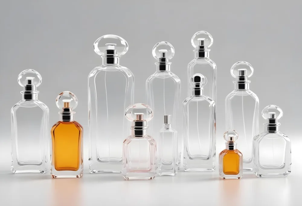 3d Model Collection Of Perfume Bottles Of Different Shapes And Sizes Made Of Transparent Glass With White Caps On A White Background Figure Octane Render Volumetric Highly Detailed Videogame Aesthetic 4 C762