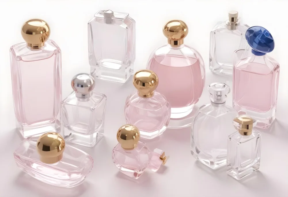 3d Model Collection Of Perfume Bottles Of Different Shapes And Sizes Made Of Transparent Glass With White Caps On A White Background Figure Octane Render Volumetric Highly Detailed Videogame Aesthetic 6 5f29