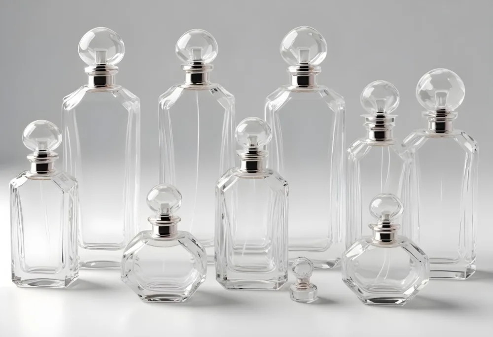 3d Model Collection Of Perfume Bottles Of Different Shapes And Sizes Made Of Transparent Glass With White Caps On A White Background Figure Octane Render Volumetric Highly Detailed Videogame Aesthetic 9 946e