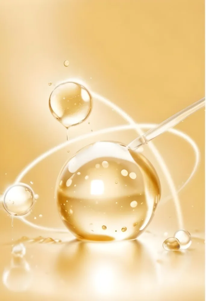 3d Model Golden Liquid Drops With Molecules And A Pipette On A Golden Background With Light Effects Cosmetic Concept Figure Octane Render Volumetric Highly Detailed Videogame Aesthetic 17 C372