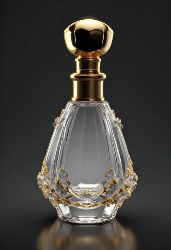 3d Model Perfume Bottle With A Gold Cap And White Accents Transparent Glass Liquid Inside Simple Black Background Figure Octane Render Volumetric Highly Detailed Videogame Aesthetic 20 F520
