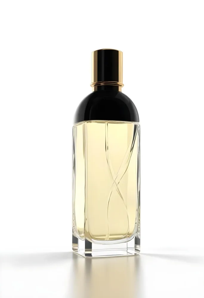3d Model Perfume Bottle With A Gold Cap And White Accents Transparent Glass Liquid Inside Simple Black Background Figure Octane Render Volumetric Highly Detailed Videogame Aesthetic 23 D9aa