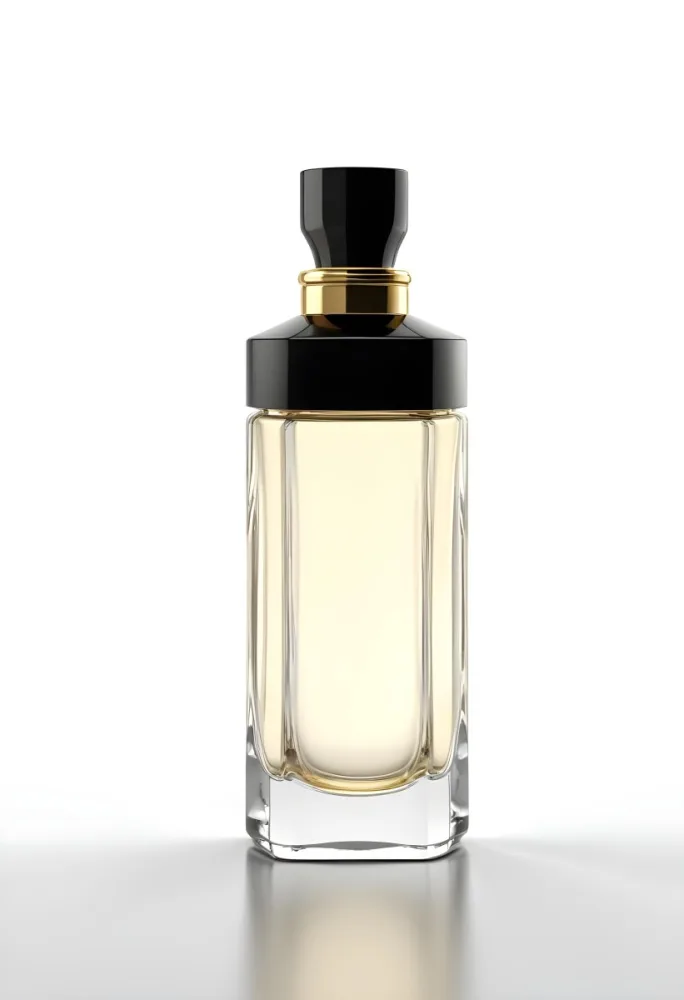 3d Model Perfume Bottle With A Gold Cap And White Accents Transparent Glass Liquid Inside Simple Black Background Figure Octane Render Volumetric Highly Detailed Videogame Aesthetic 27 Ae30