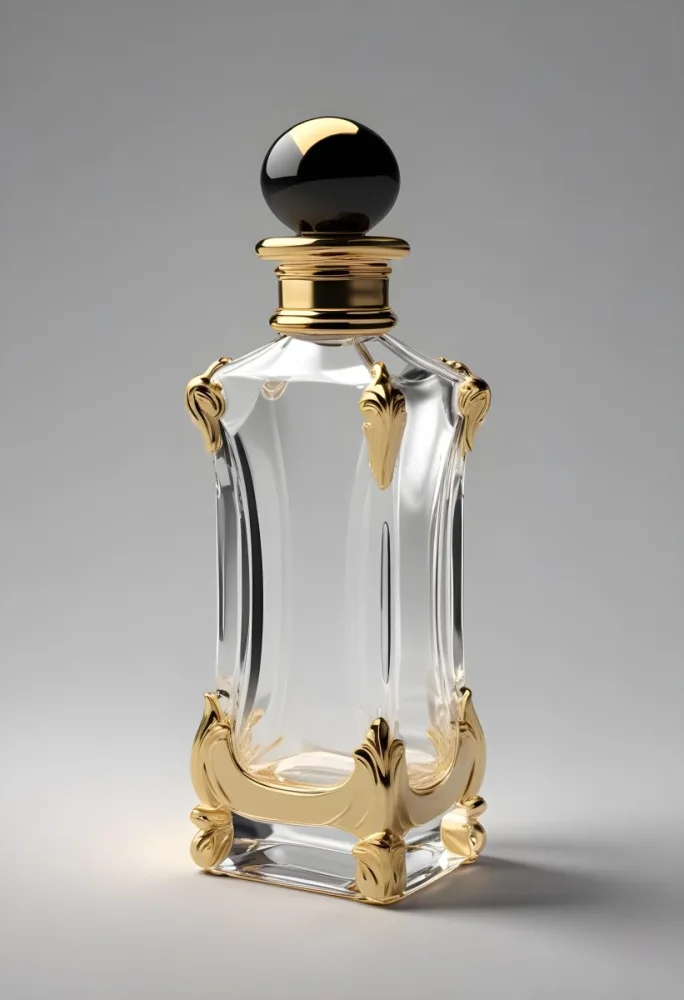 3d Model Perfume Bottle With A Gold Cap And White Accents Transparent Glass Liquid Inside Simple Black Background Figure Octane Render Volumetric Highly Detailed Videogame Aesthetic 30 3d49
