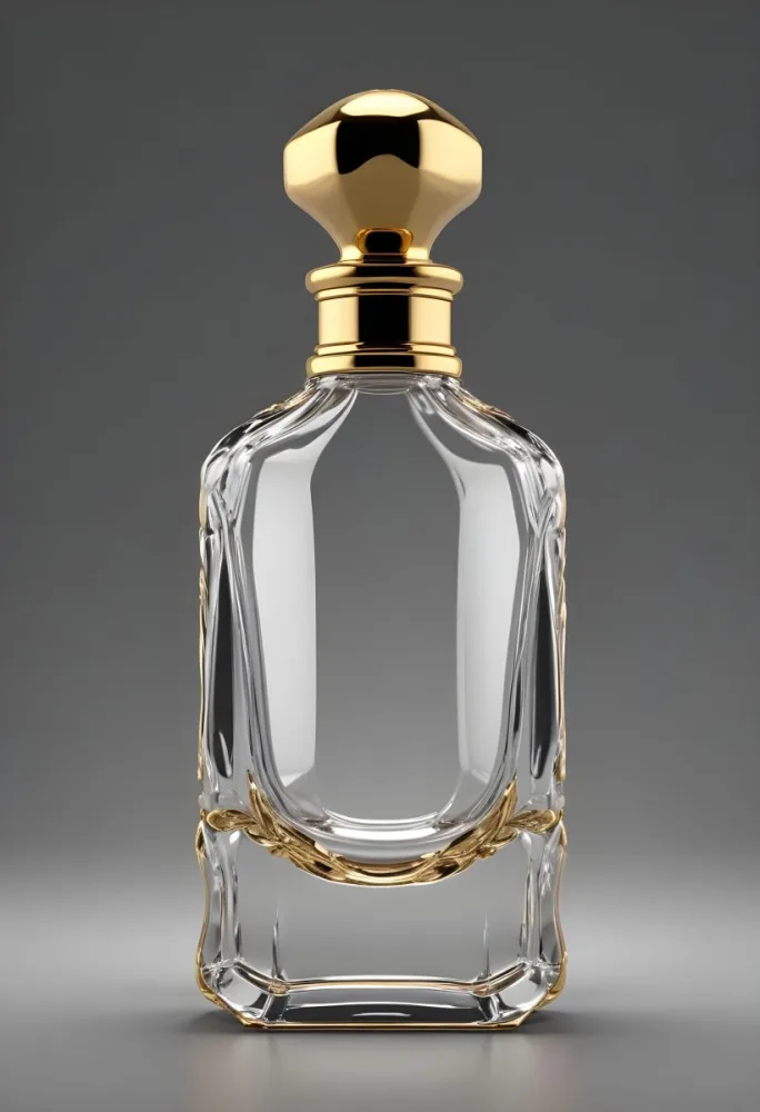 3d Model Perfume Bottle With A Gold Cap And White Accents Transparent Glass Liquid Inside Simple Black Background Figure Octane Render Volumetric Highly Detailed Videogame Aesthetic 32 C5d3