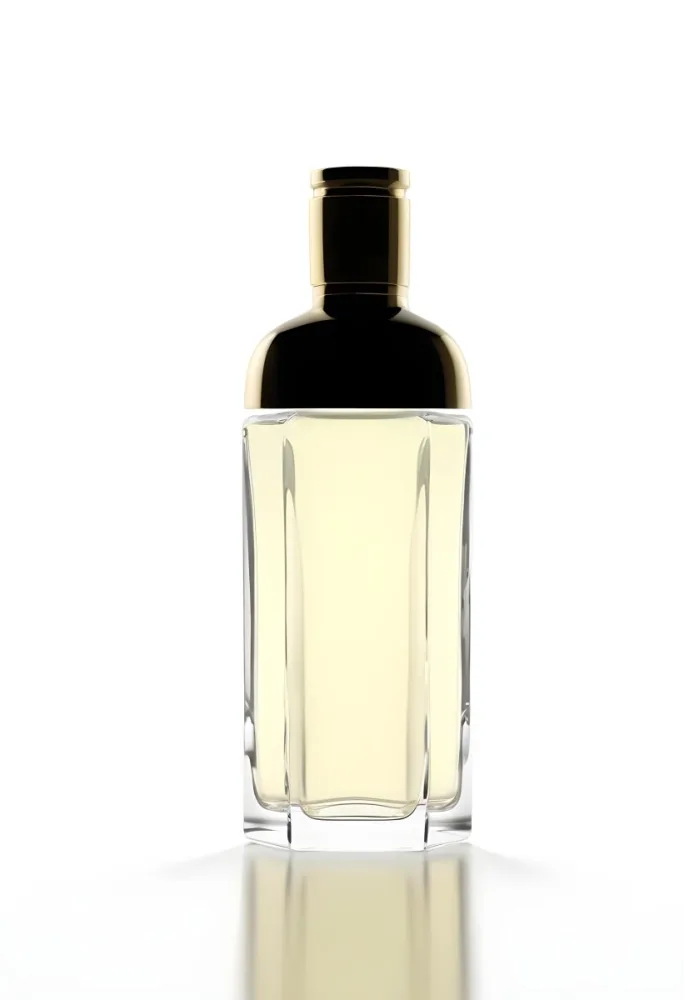 3d Model Perfume Bottle With A Gold Cap And White Accents Transparent Glass Liquid Inside Simple Black Background Figure Octane Render Volumetric Highly Detailed Videogame Aesthetic 5 A5ed