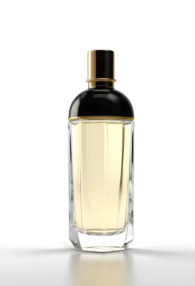 3d Model Perfume Bottle With A Gold Cap And White Accents Transparent Glass Liquid Inside Simple Black Background Figure Octane Render Volumetric Highly Detailed Videogame Aesthetic 7 1ab0