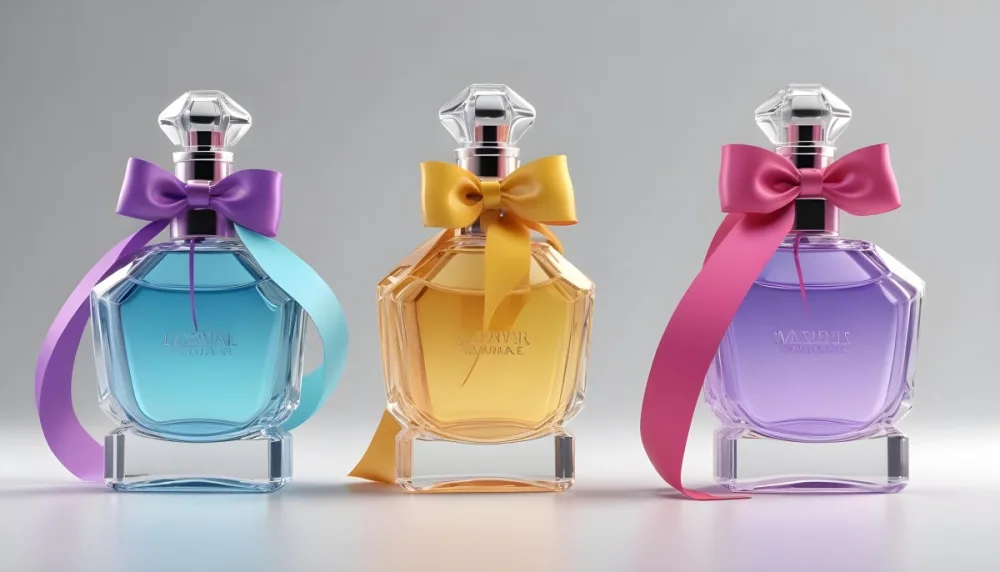 3d Model Three Perfume Bottles With Different Colors And A Ribbon On Top The Background Is White Figure Octane Render Volumetric Highly Detailed Videogame Aesthetic 21 1a0e Dd00