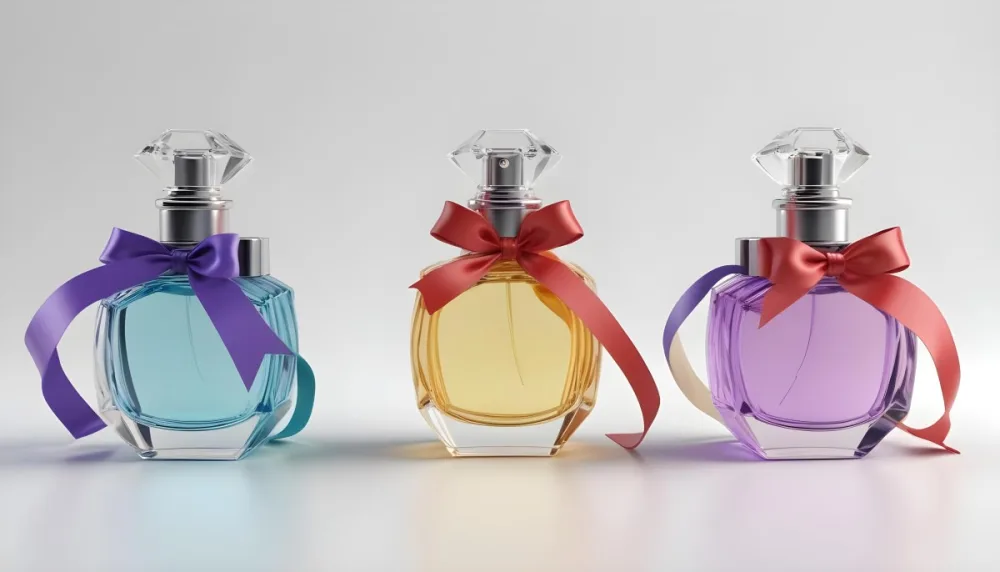 3d Model Three Perfume Bottles With Different Colors And A Ribbon On Top The Background Is White Figure Octane Render Volumetric Highly Detailed Videogame Aesthetic 39 23d3