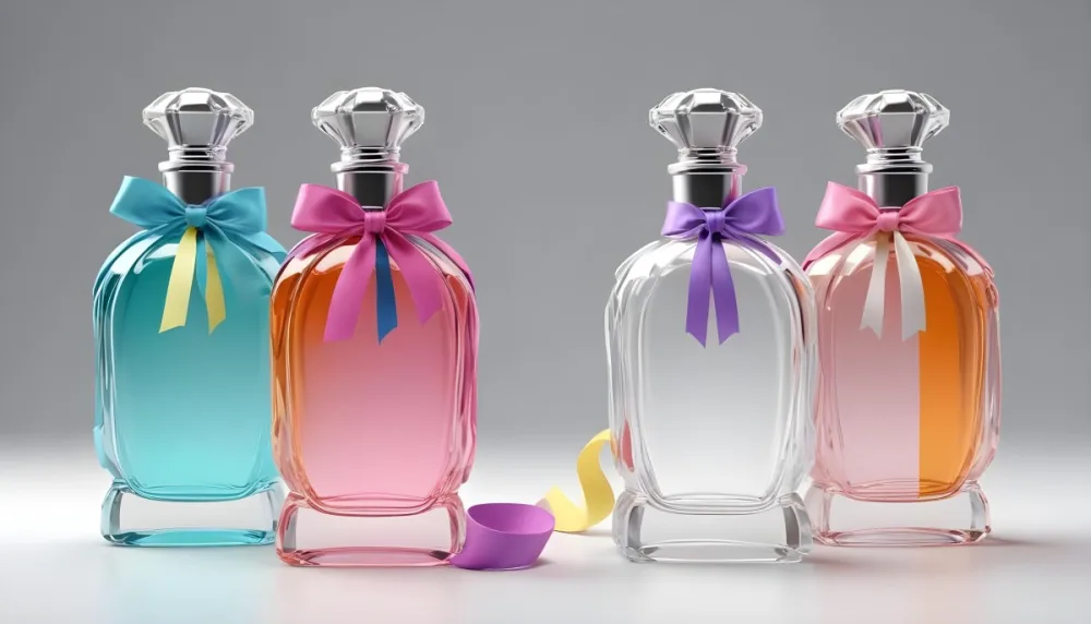 3d Model Three Perfume Bottles With Different Colors And A Ribbon On Top The Background Is White Figure Octane Render Volumetric Highly Detailed Videogame Aesthetic 42 8ae7