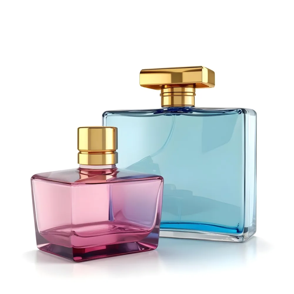 3d Model Two Perfume Bottles One White And Round The Other Blue And Rectangular Both With Golden Caps On A White Background Figure Octane Render Volumetric Highly Detailed Videogame Aesthetic 6 0ff7