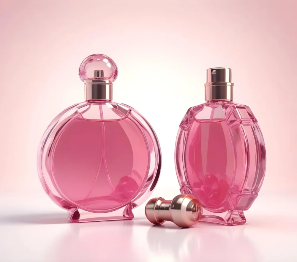 3d Model Two Perfume Bottles With Pink Liquid And A Cap On A Reflective Surface Soft Pink Background Figure Octane Render Volumetric Highly Detailed Videogame Aesthetic 14