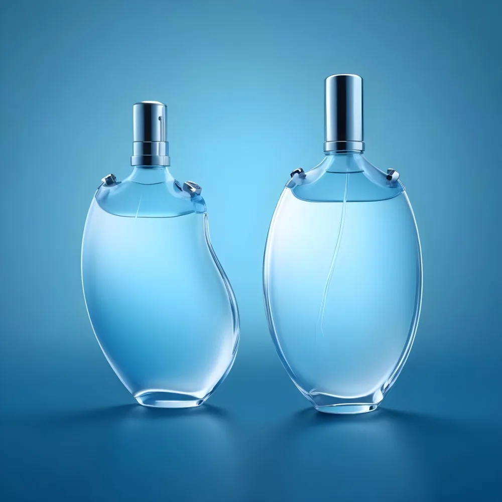 3d Model Two Perfume Bottles With Silver Caps One Tilted Filled With Clear Liquid On A Gradient Blue Background Figure Octane Render Volumetric Highly Detailed Videogame Aesthetic 28 Ed94