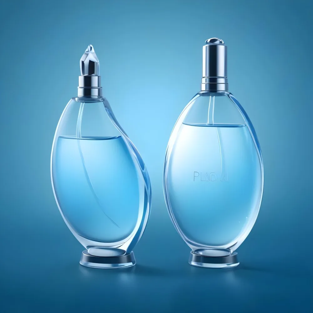 3d Model Two Perfume Bottles With Silver Caps One Tilted Filled With Clear Liquid On A Gradient Blue Background Figure Octane Render Volumetric Highly Detailed Videogame Aesthetic 5 E89c
