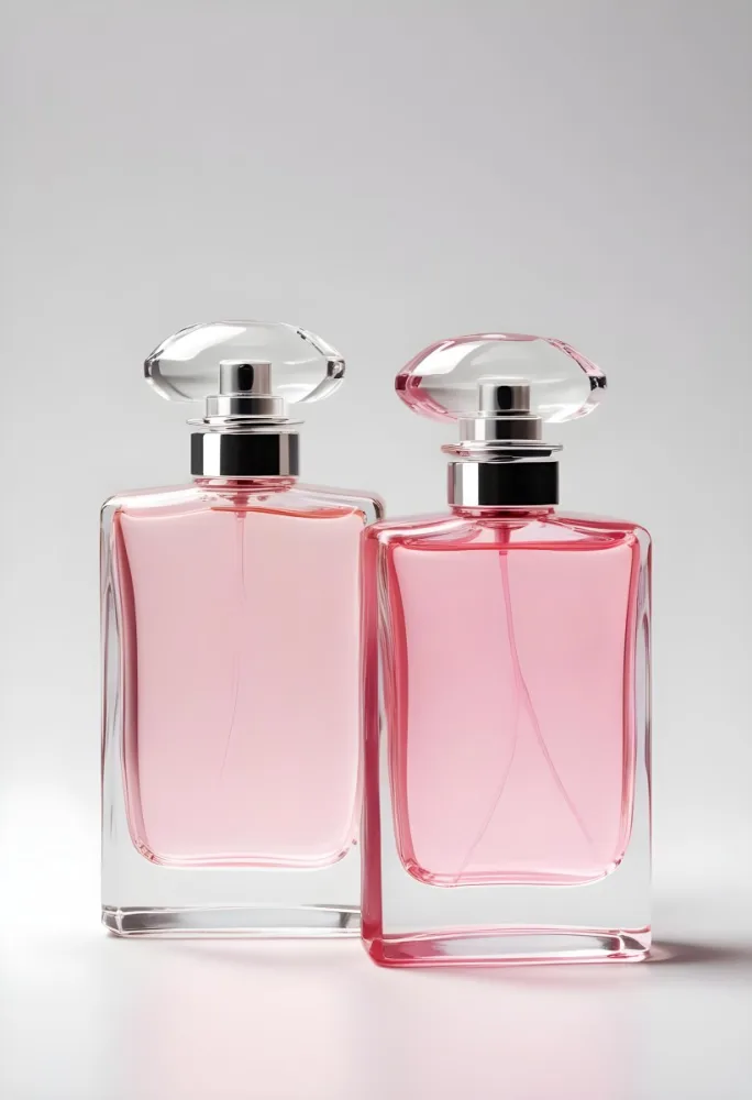 3d Model Two Pink Perfume Bottles With Silver Caps One Large And One Small On A Light Pink Background Minimalist Design Soft Lighting Elegant Presentation Figure Octane Render Volumetric Highly Detailed Videogam 5 6395