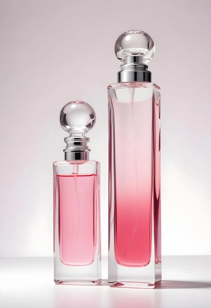 3d Model Two Pink Perfume Bottles With Silver Caps One Large And One Small On A Light Pink Background Minimalist Design Soft Lighting Elegant Presentation Figure Octane Render Volumetric Highly Detailed Videogam 7 56da