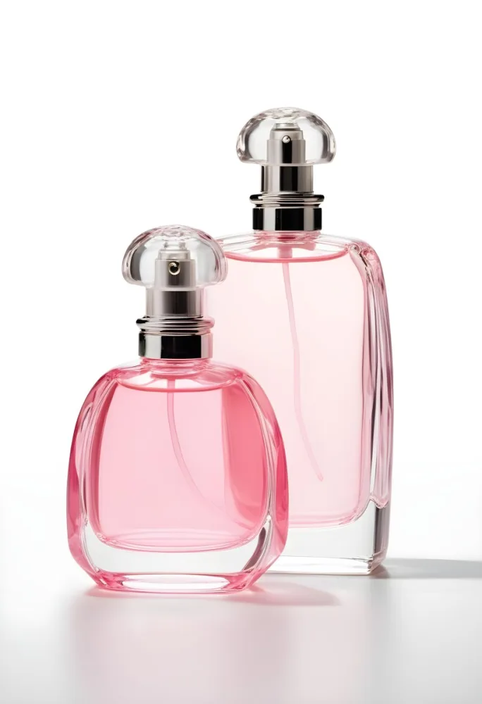 3d Model Two Pink Perfume Bottles With Silver Caps One Large And One Small On A Light Pink Background Minimalist Design Soft Lighting Elegant Presentation Figure Octane Render Volumetric Highly Detailed Videogam 9 596d