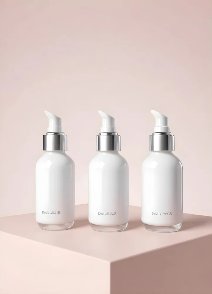 3d Model White Cosmetic Bottles With Silver Caps And Droppers Arranged On A White Platform Soft White Background Minimalist Design Clean Presentation Product Showcase Figure Octane Render Volumetric Highly Detai 20 31b1