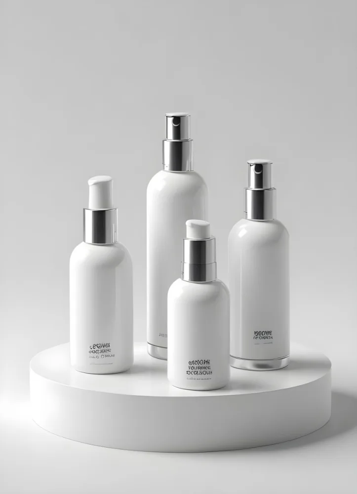 3d Model White Cosmetic Bottles With Silver Caps And Droppers Arranged On A White Platform Soft White Background Minimalist Design Clean Presentation Product Showcase Figure Octane Render Volumetric Highly Detai 25 7afa